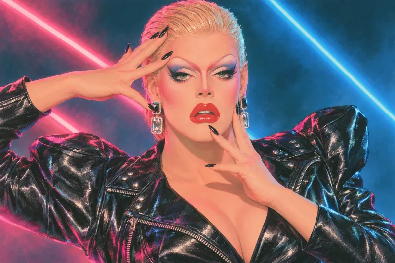The Contessa in close-up in a studio, hair slicked back, voguing with both hands in a black leather jacket, pink and blue neon tubes behind her