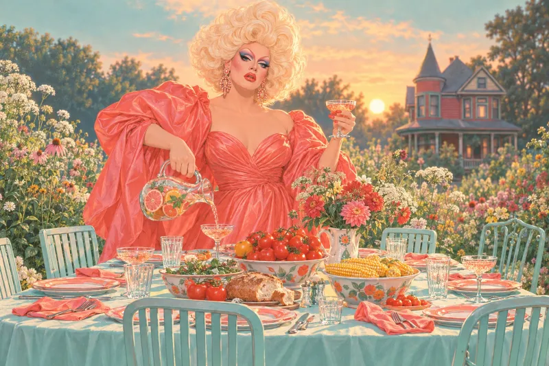 The Contessa alone at the head of a long garden table laid for seven, pouring a drink, every chair empty
