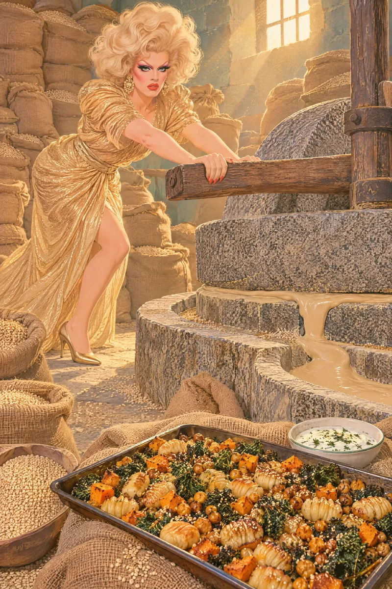 Tahini-butter gnocchi with squash, kale and crisp chickpeas