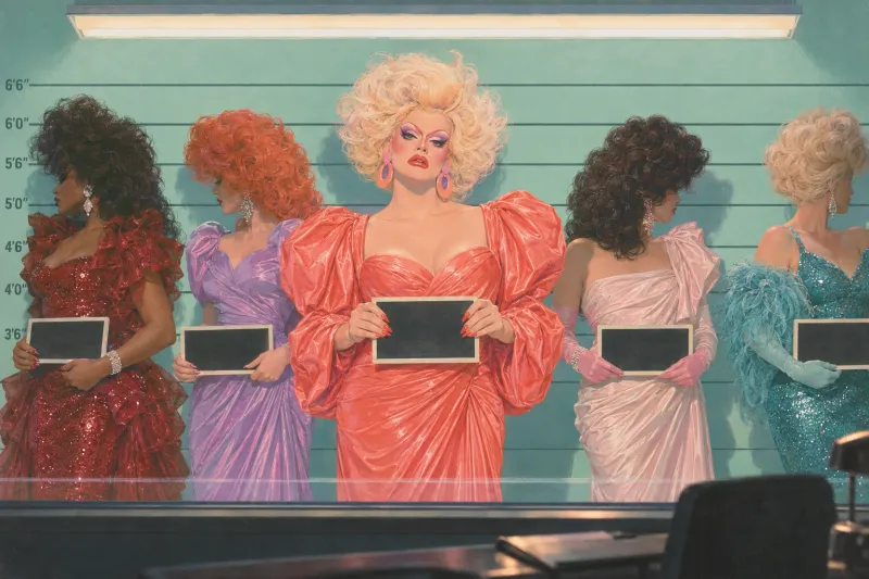 Five drag queens in a police identity parade under a height strip, the Contessa third from the left staring out at the glass