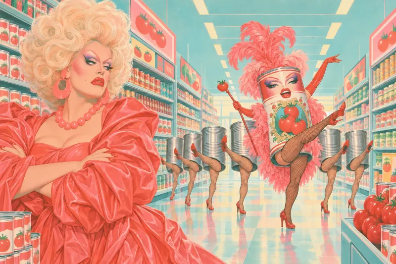 The Contessa watching a tin can painted as a dancing drag queen kick down a supermarket aisle, arms folded
