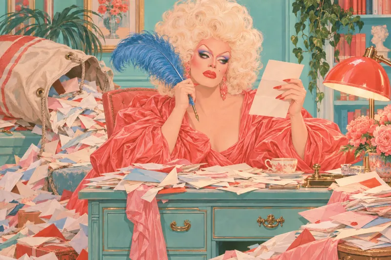 The Contessa at a desk buried in letters, a blue feather quill against her lips, one letter held up to read