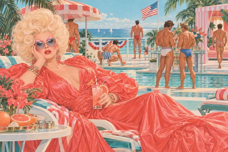 The Contessa on a lounger at a Fourth of July pool party with a tall drink, men in swim trunks scattered around the deck behind her, all facing away