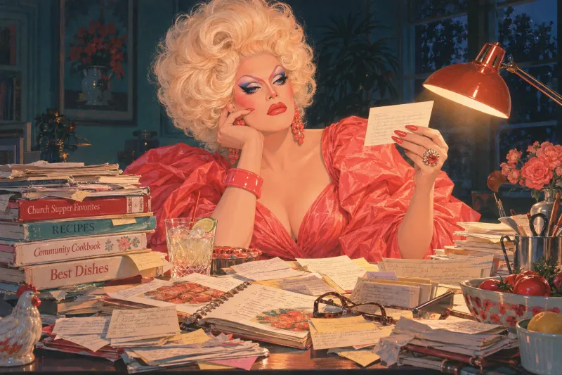 The Contessa at a desk at night under a red lamp, reading a recipe card, surrounded by piles of paper and old cookbooks