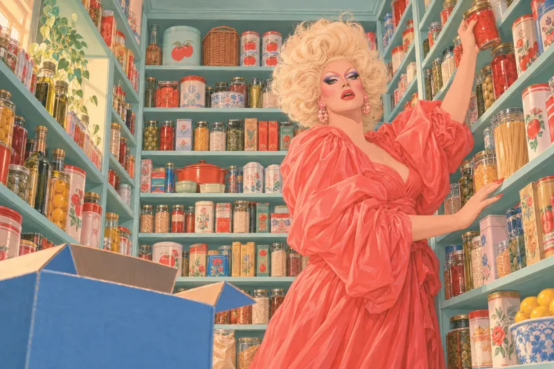 A pantry shot from below, shelves of jars to the ceiling, the Contessa reaching a jar down from a top shelf, an empty blue box open in the foreground