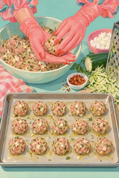 Chicken and zucchini meatballs under a feta sauce