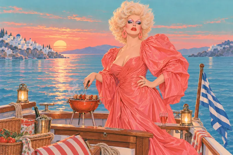 The Contessa in a gown tending a tiny charcoal grill on the stern of a boat at sunset, Greek islands behind her