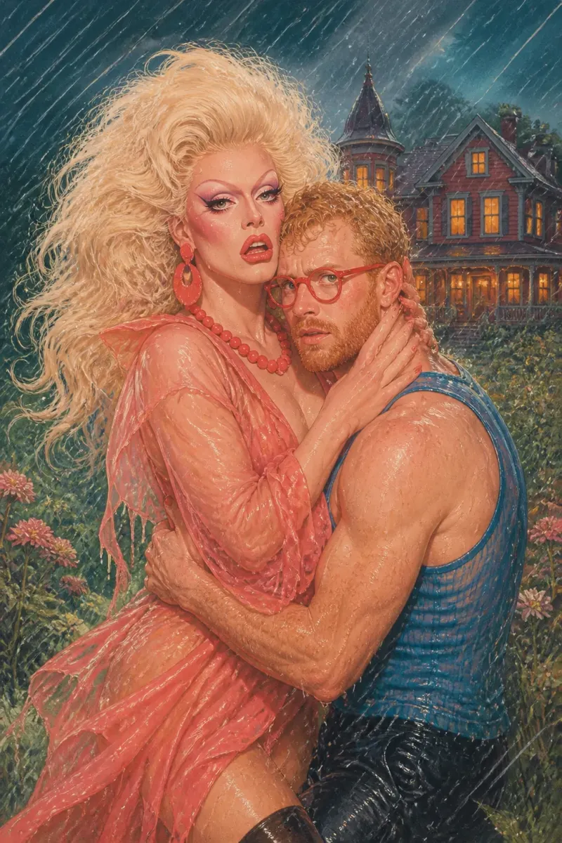 The Contessa in soaked coral chiffon holding her publisher close in a downpour, her hand on the back of his head, a Victorian house lit gold behind them